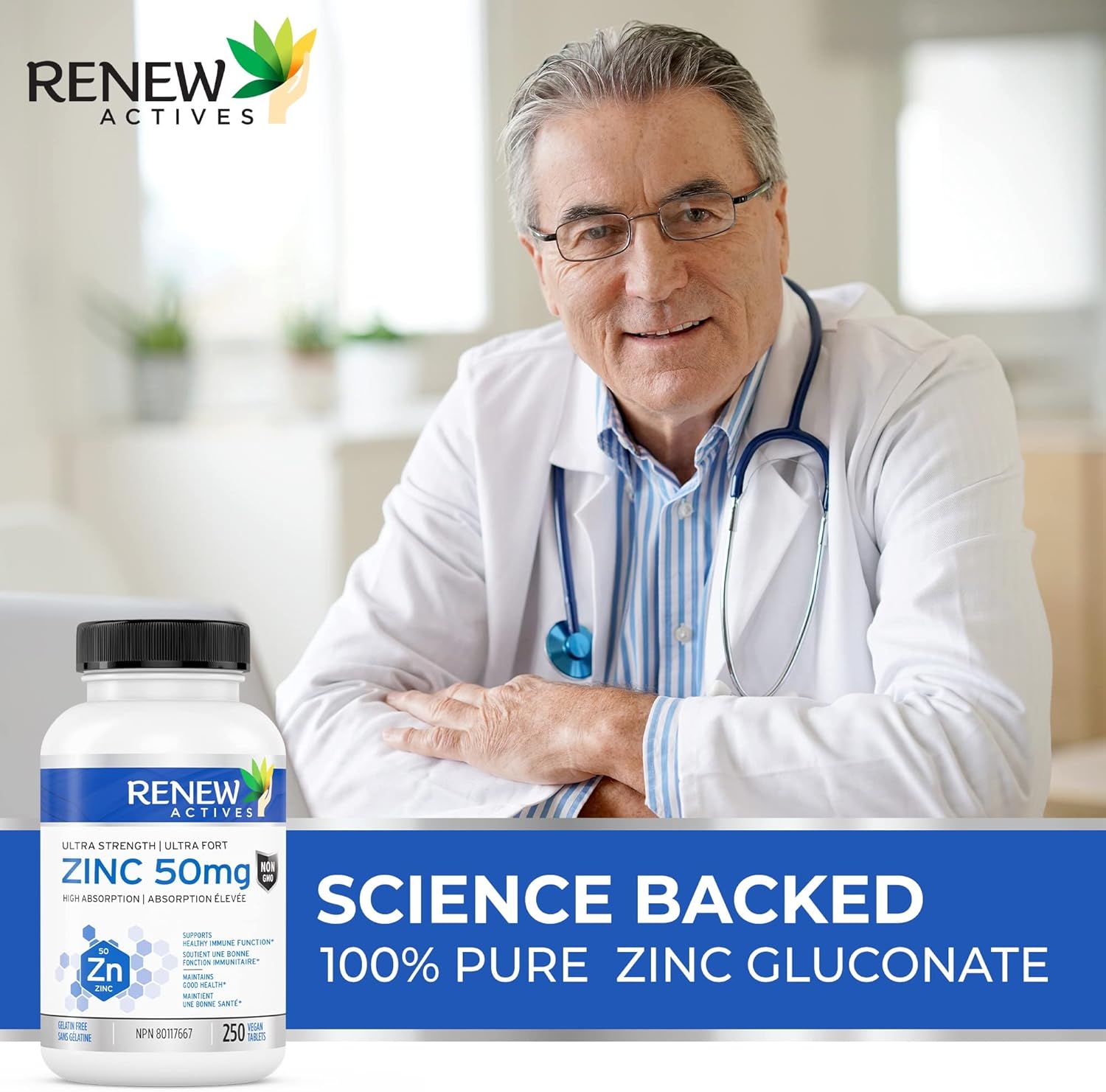 Renew Actives Zinc Supplements: Supports Immune Health, Strong Bones, Hair, Nails, & Skin - Easy-to-Swallow Daily Tablets - 250 Count
