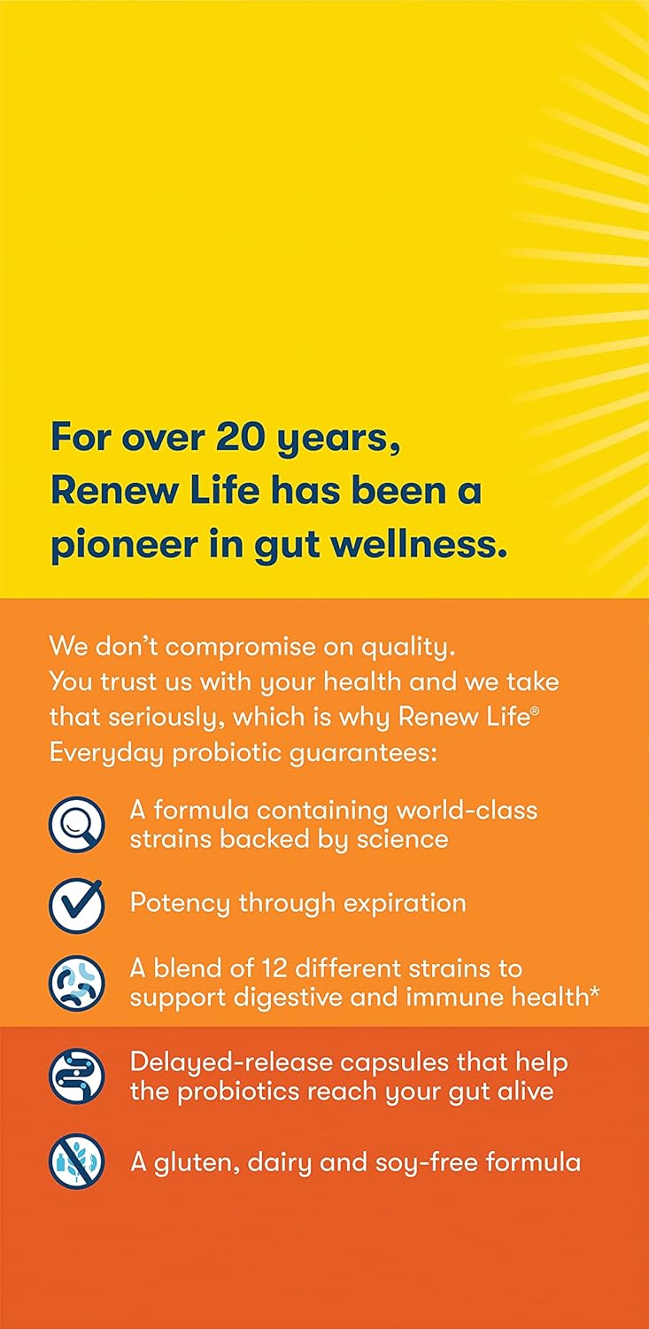 Renew Life Everyday Probiotic Capsules - Supports Urinary, Digestive, and Immune Health - L. Rhamnosus GG - Dairy, Soy, and Gluten-Free - 15 Billion CFU - 30 Count