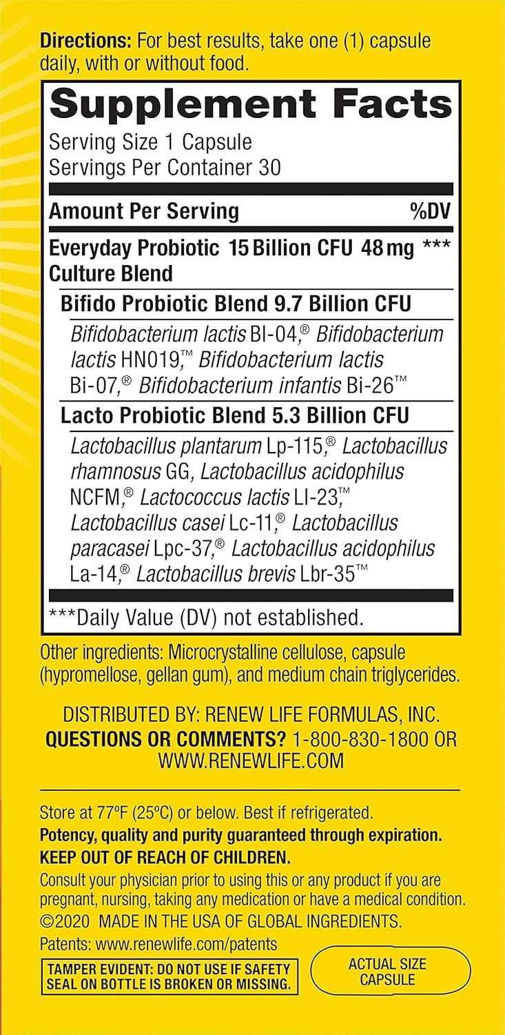 Renew Life Everyday Probiotic Capsules - Supports Urinary, Digestive, and Immune Health - L. Rhamnosus GG - Dairy, Soy, and Gluten-Free - 15 Billion CFU - 30 Count