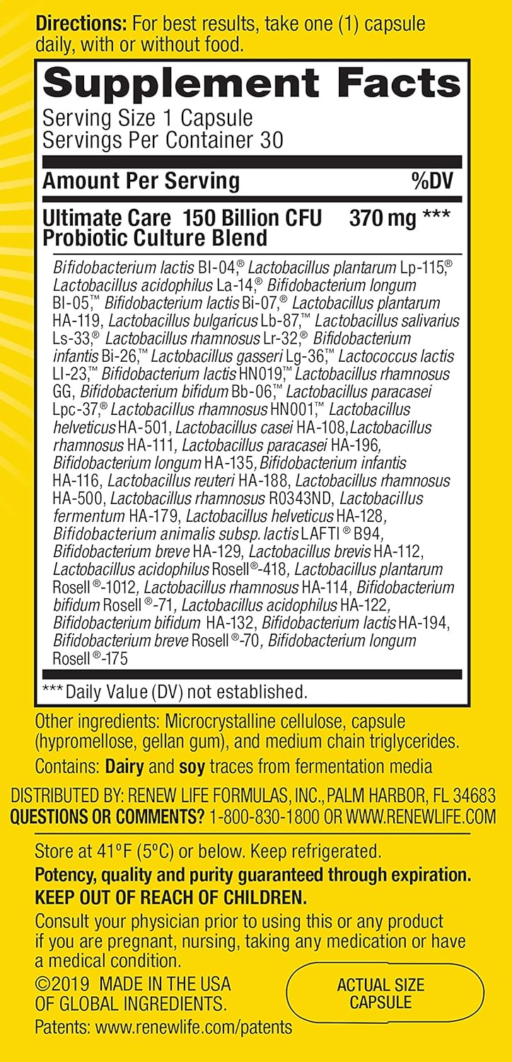 Renew Life Ultimate Flora Adult Ultimate Care Probiotic - 150 Billion CFUs - 30 Capsules - Variety Packaging