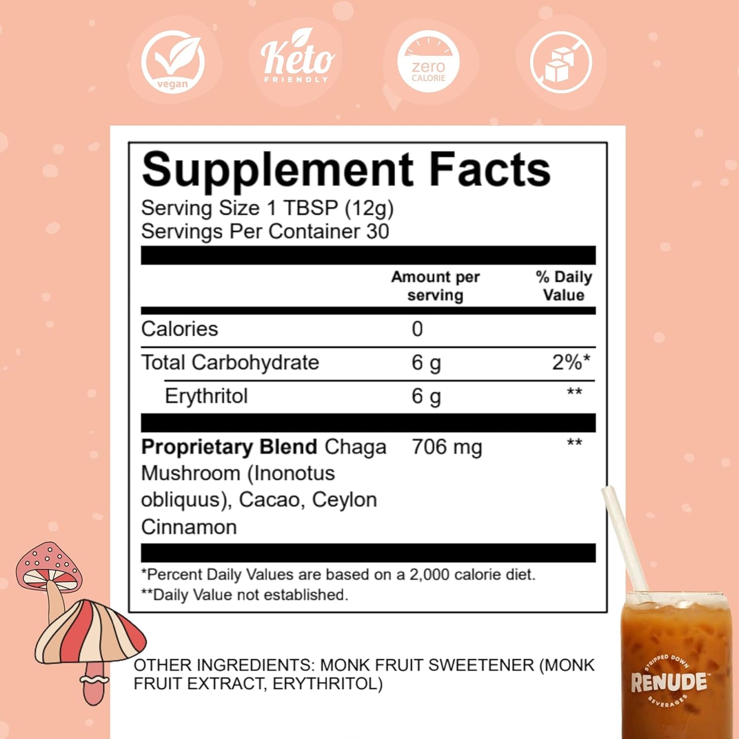 Renude Chaga Mushroom Powder for Coffee and Matcha - Mushroom Drink Mix with Adaptogens for Natural Energy and Immune Support - Vegan and Keto - 15 Servings