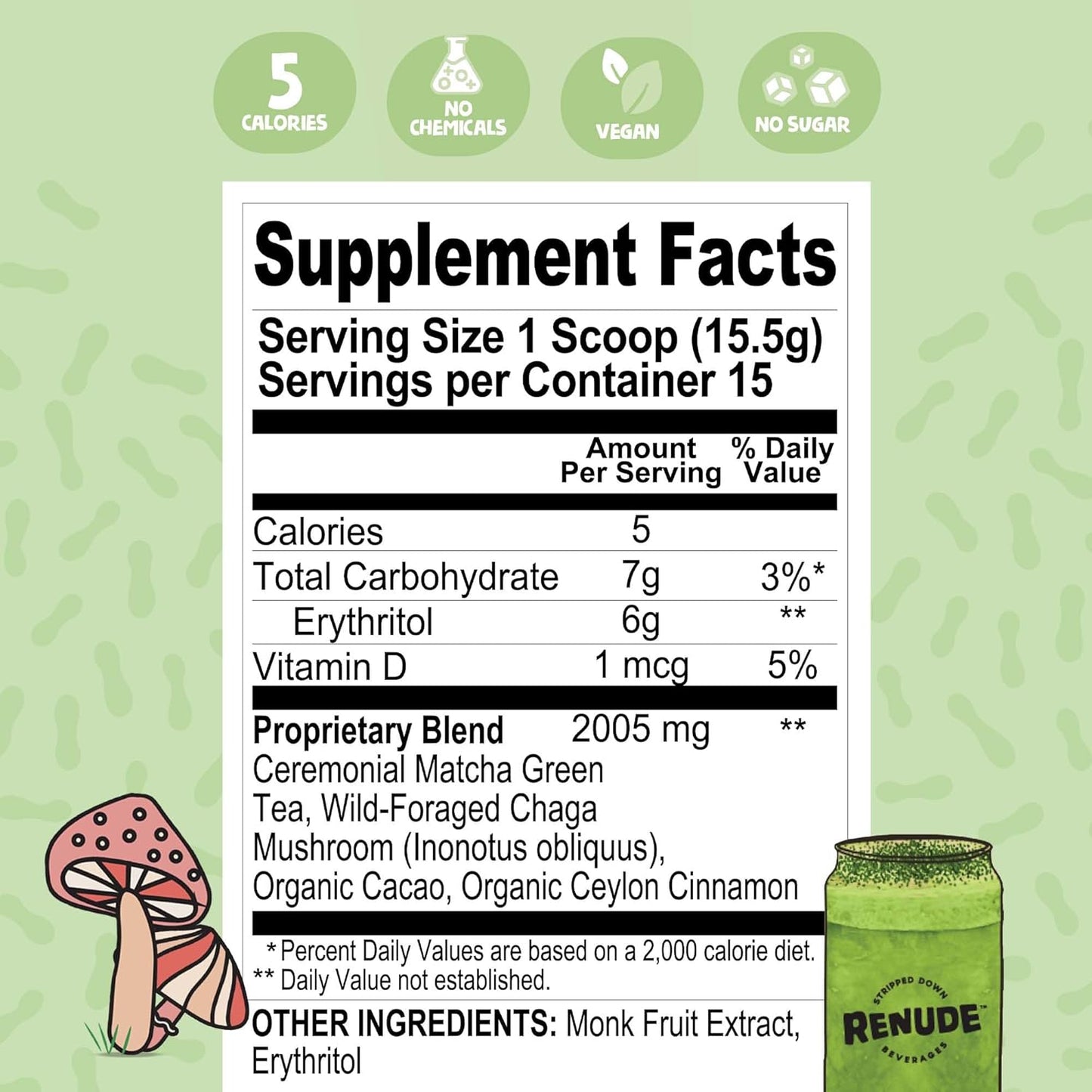 Renude Chaga Mushroom Powder for Coffee and Matcha - Mushroom Drink Mix with Adaptogens for Natural Energy and Immune Support - Vegan and Keto - 15 Servings