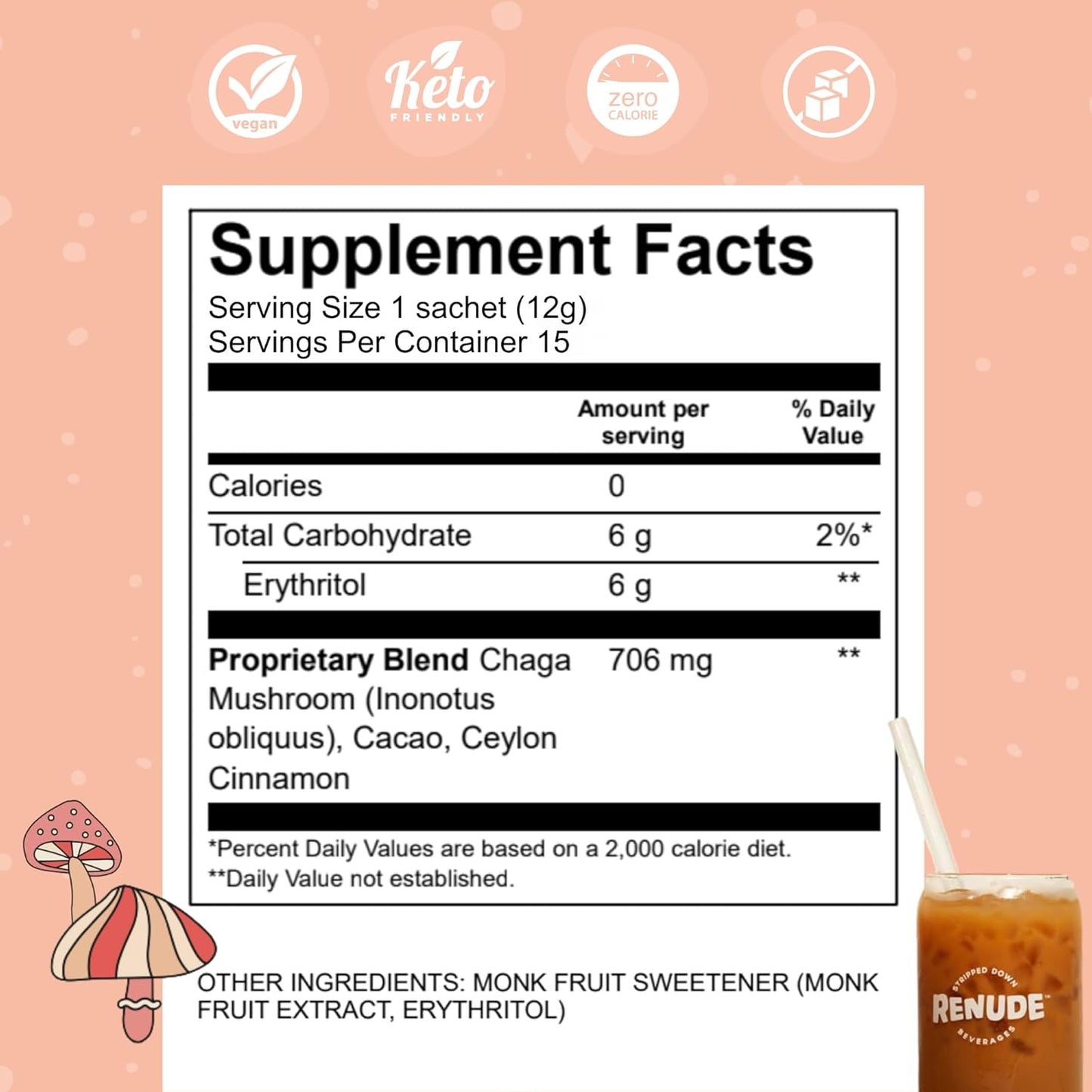 Renude Chagaccino: Mushroom Coffee Drink Mix with Adaptogens for Natural Energy and Immune Support - Vegan, Keto, Zero Calorie Blend Powder (15 Servings)