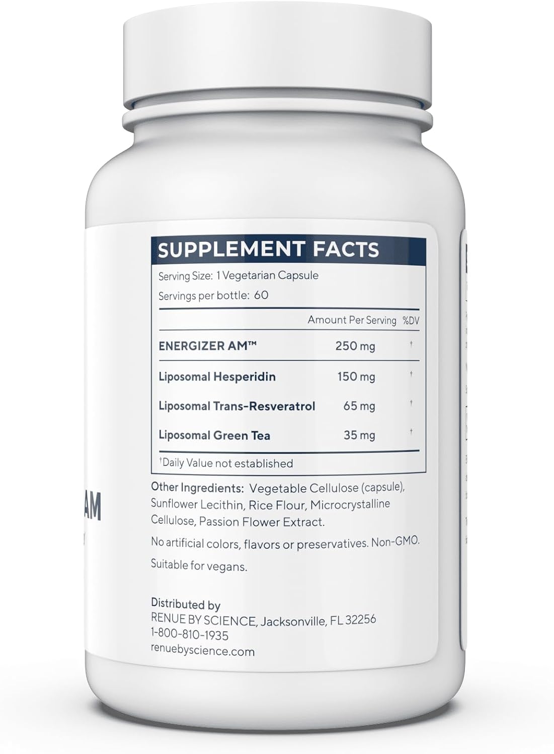 Renue By Science Energizer AM | Liposomal Resveratrol Hesperidin & Green Tea Supplement - 60 Capsules | Trans Resveratrol (65mg) Hesperidin (150mg) Green Tea Extract (35mg) - Non-GMO, Made in USA