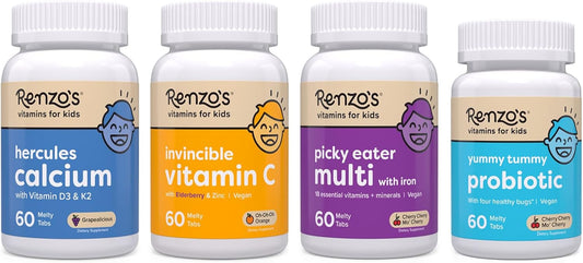 Renzo's Vitamins Kid Essential Bundle - Probiotic, Vitamin C with Elderberry & Zinc, Multivitamin for Picky Eaters, Calcium Supplement