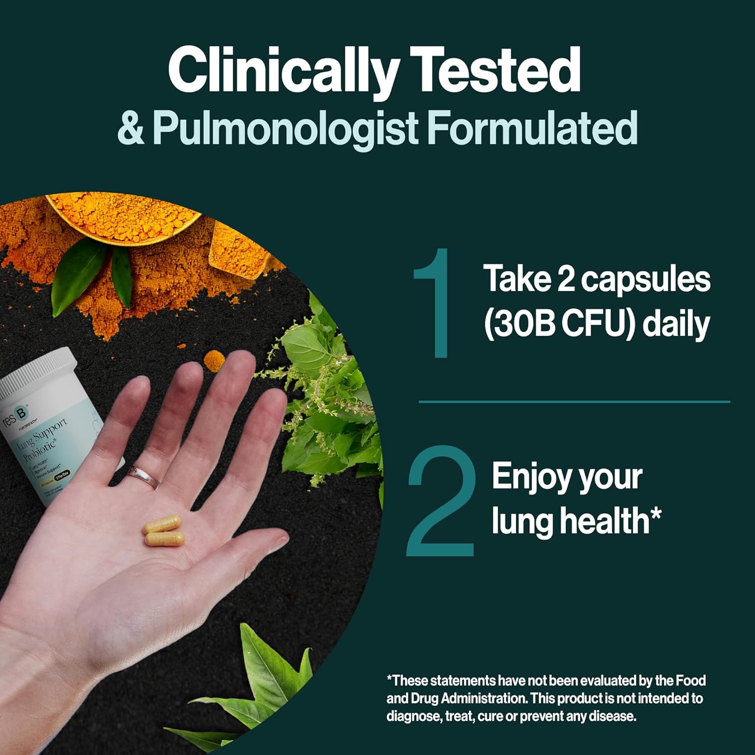 ResBiotic Lung Support Probiotic Supplement - Boost Lung Health for Smokers with Holy Basil & Turmeric - 180 Capsules (3 Bottles)