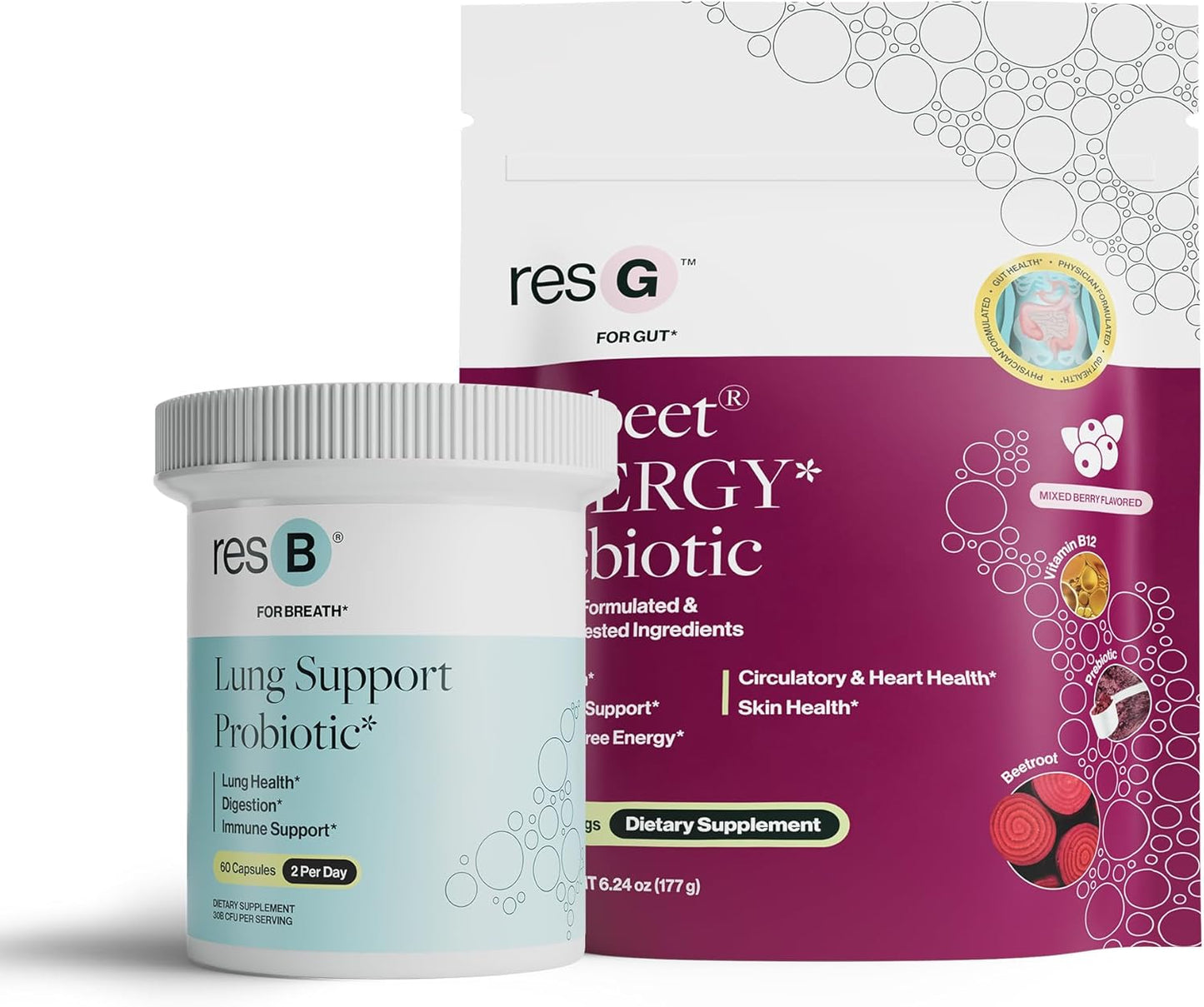 resBiotic Power Gut Bundle: Lung Probiotic & GLP-1 Prebiotic for Respiratory Health & Metabolism Boost - 30 Servings each of resB & prebeet Supplements