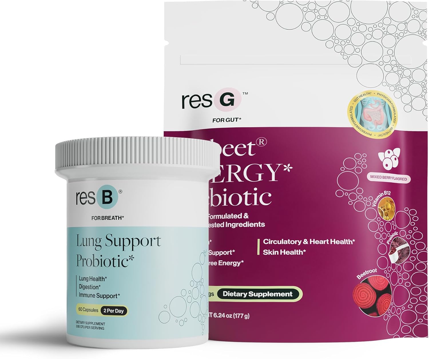 resBiotic Power Gut Bundle: Lung Probiotic & GLP-1 Prebiotic for Respiratory Health & Metabolism Boost - 30 Servings each of resB & prebeet Supplements