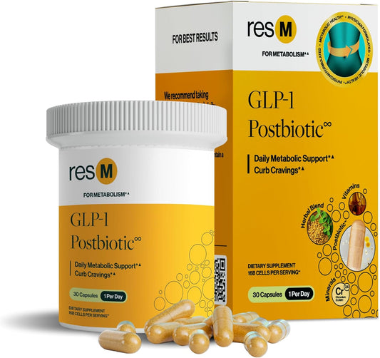 ResBiotic resM GLP-1 Postbiotic Supplement - Natural Metabolic Support for Men & Women, Vegan Gut Health Vitamins with GLP1 Activation - 30 Vegetarian Capsules