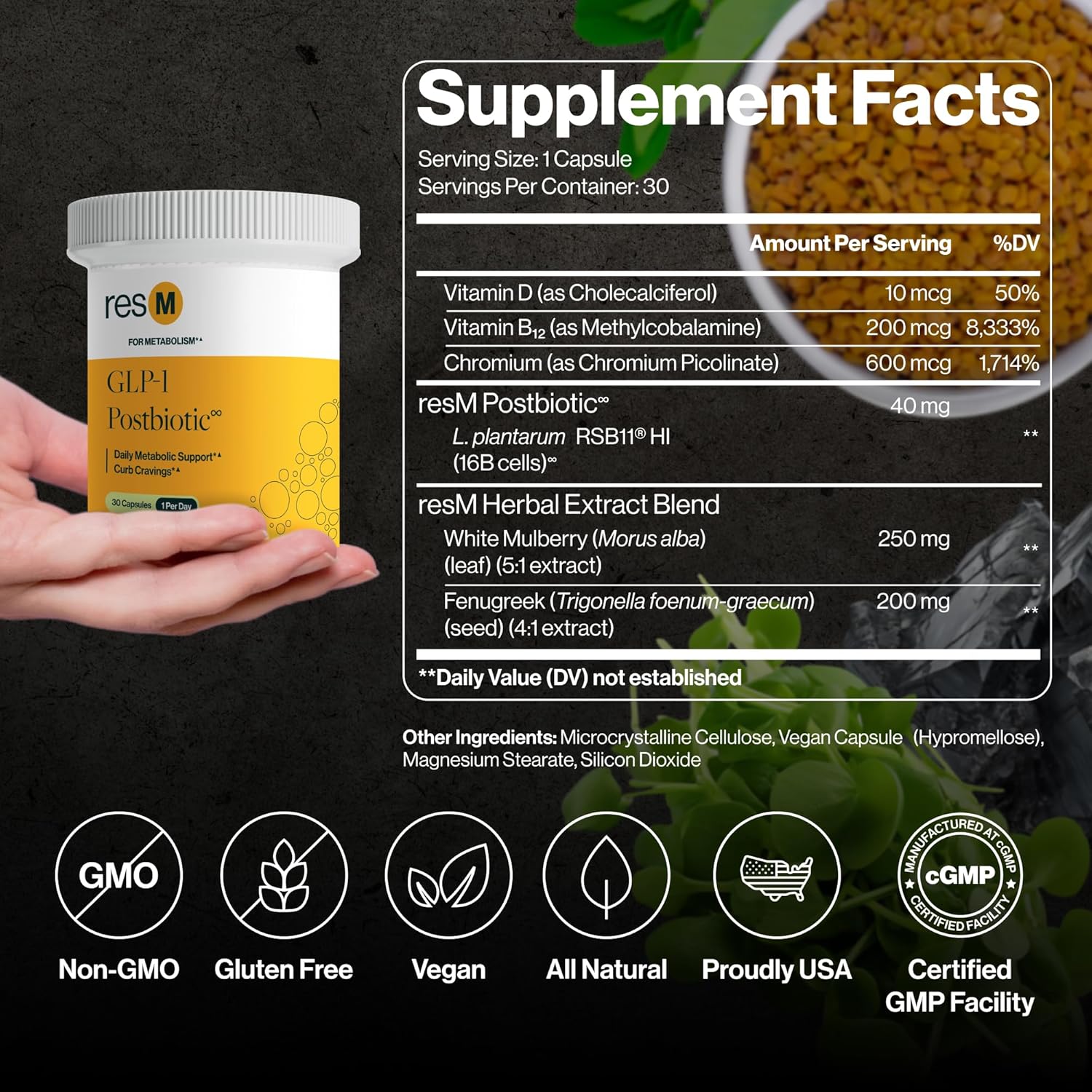 ResBiotic resM GLP-1 Postbiotic Supplement - Natural Metabolic Support for Men & Women, Vegan Gut Health Vitamins with GLP1 Activation - 30 Vegetarian Capsules