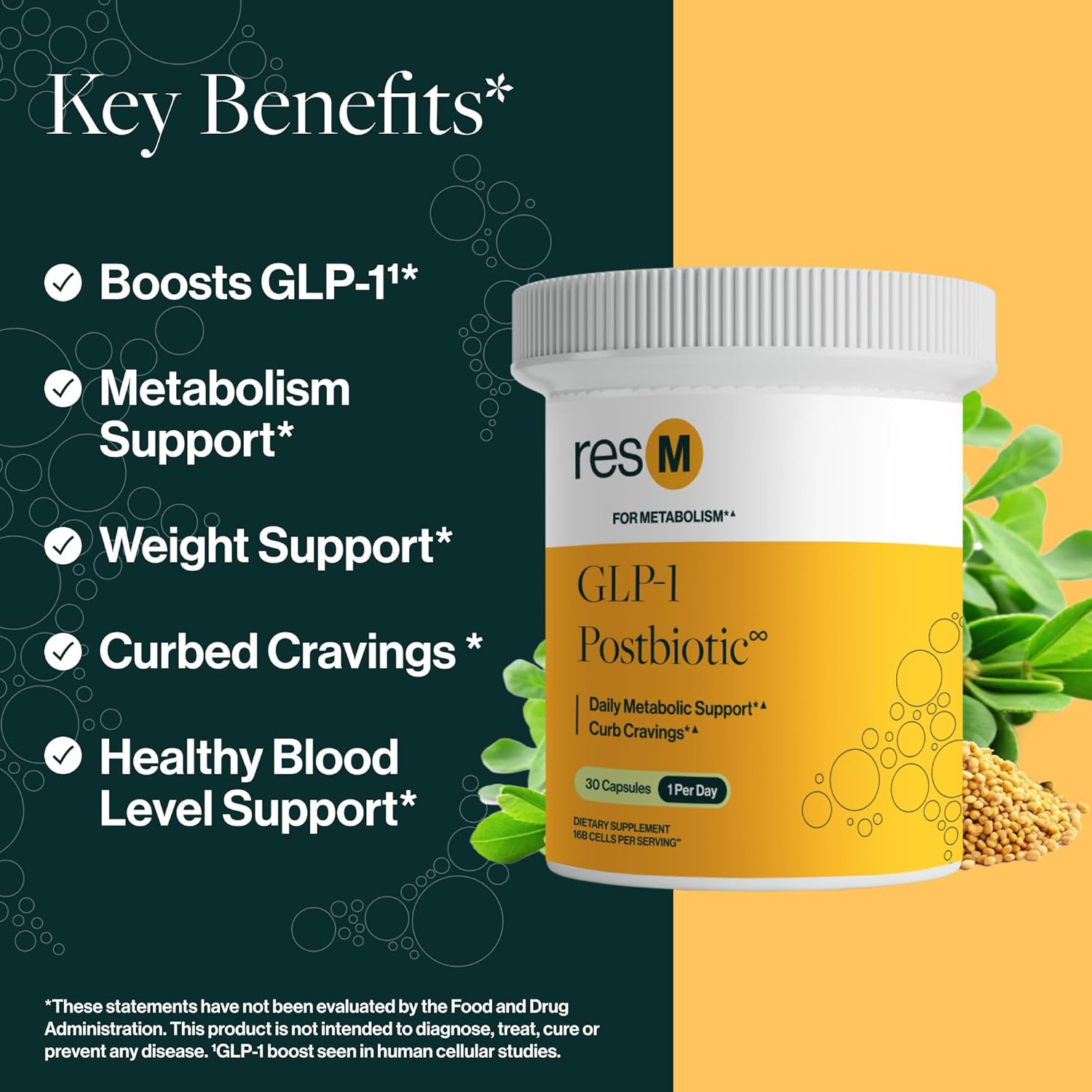 ResBiotic resM GLP-1 Postbiotic Supplement - Natural Metabolic Support for Men & Women, Vegan Gut Health Vitamins with GLP1 Activation - 30 Vegetarian Capsules