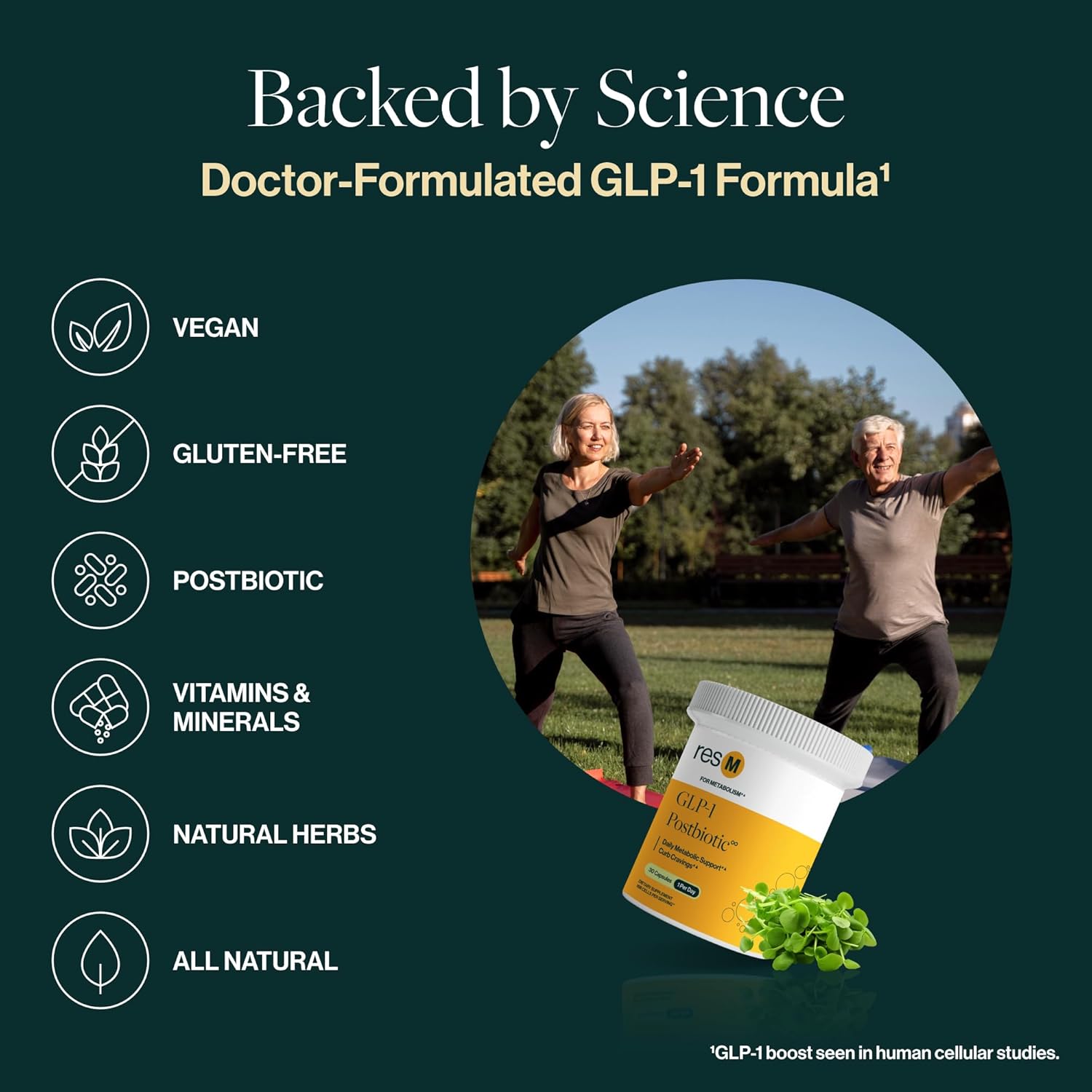 ResBiotic resM GLP-1 Postbiotic Supplement - Natural Metabolic Support for Men & Women, Vegan Gut Health Vitamins with GLP1 Activation - 30 Vegetarian Capsules