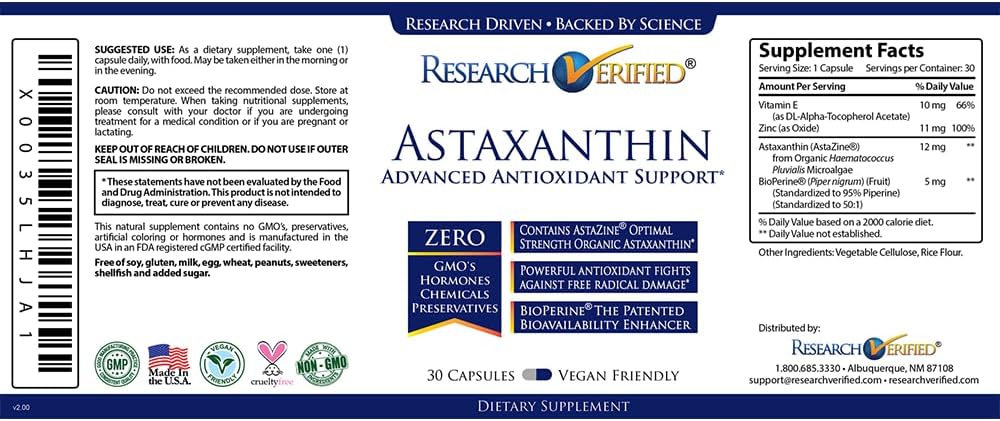 Research Verified Astaxanthin - Antioxidant for Skin, Brain, Eyes, Heart - Zinc, Vitamin E, BioPerine - 3 Month Supply - Non-GMO, USA Made