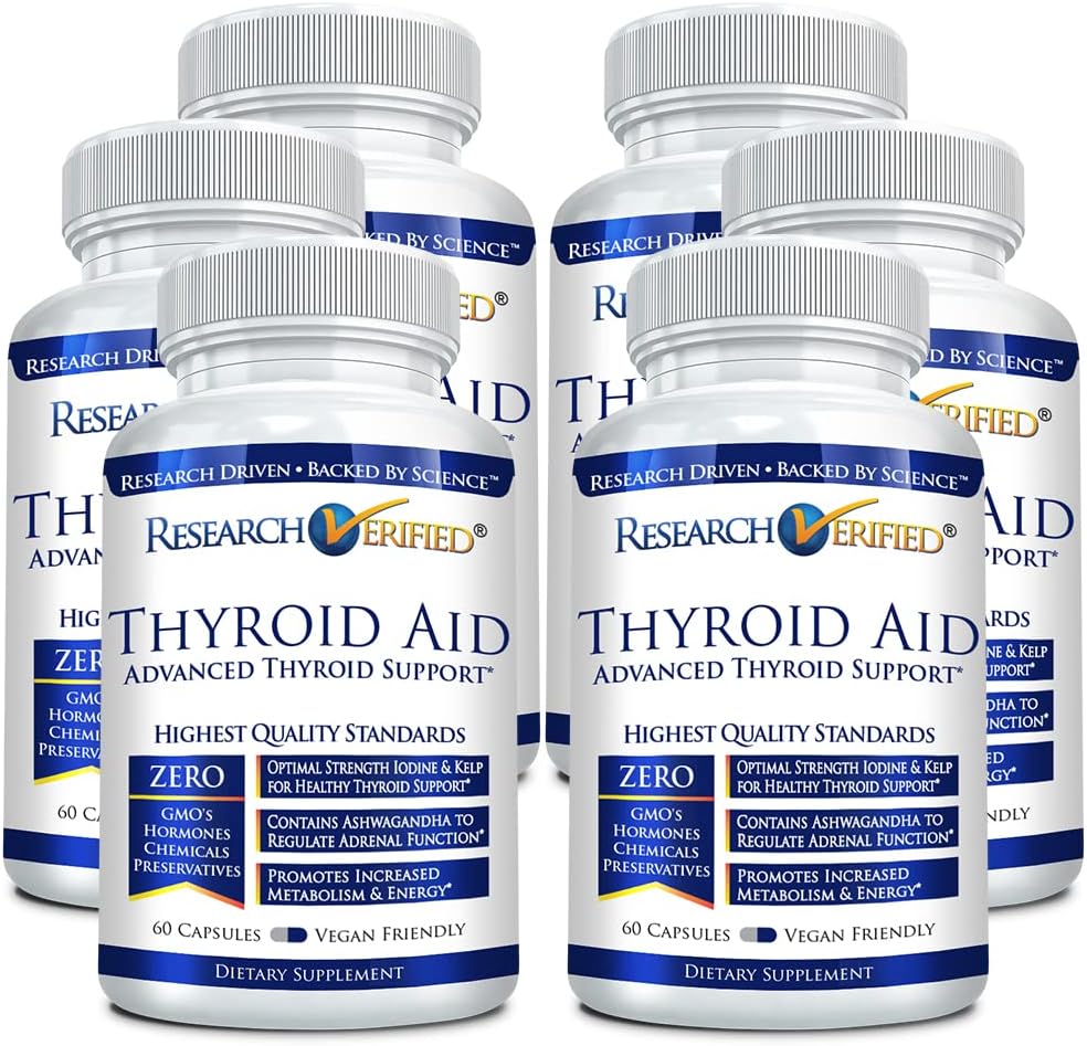Research Verified® Thyroid Aid Capsules - Supports Optimal Thyroid Health with Iodine, Copper, Zinc, and Selenium - Vegan Friendly - 60 Capsules x 6 Bottles