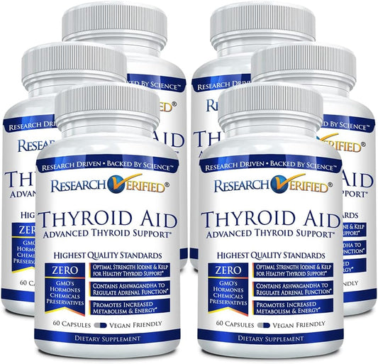 Research Verified® Thyroid Aid Capsules - Supports Optimal Thyroid Health with Iodine, Copper, Zinc, and Selenium - Vegan Friendly - 60 Capsules x 6 Bottles