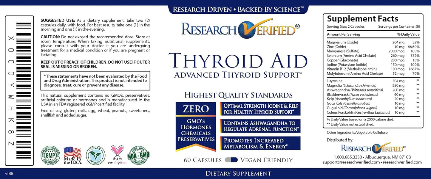 Research Verified® Thyroid Aid Capsules - Supports Optimal Thyroid Health with Iodine, Copper, Zinc, and Selenium - Vegan Friendly - 60 Capsules x 6 Bottles