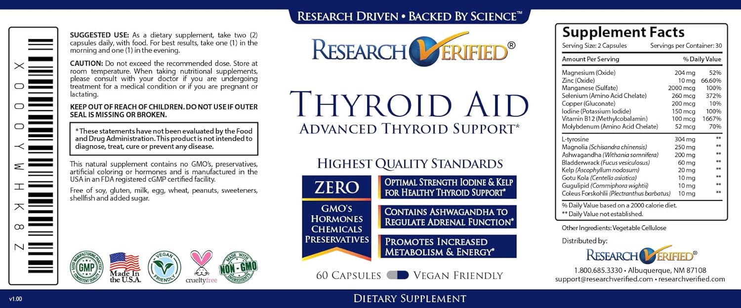 Research Verified® Thyroid Aid Capsules - Supports Optimal Thyroid Health with Iodine, Copper, Zinc, and Selenium - Vegan Friendly - 60 Capsules x 6 Bottles