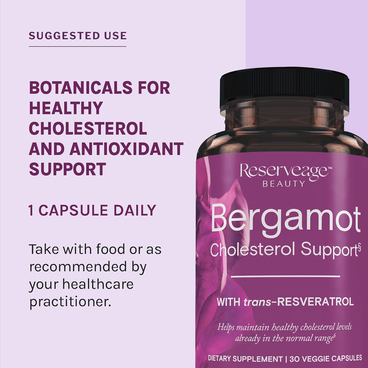 Reserveage Beauty Bergamot Cholesterol Support Capsules with Resveratrol - Vegan Supplement with Zinc, B Vitamins, Magnesium - 180 Cap