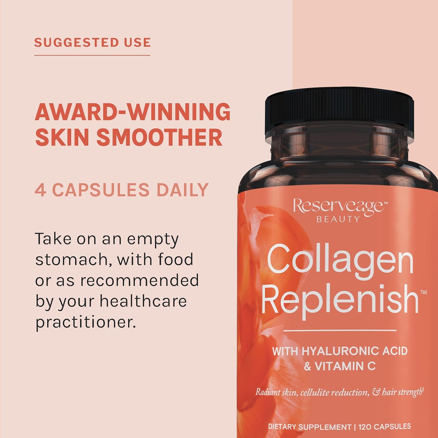 Reserveage Beauty Collagen Replenish Supplement - Supports Skin Care, Hair Growth, and Elastin Production - 120 Capsules