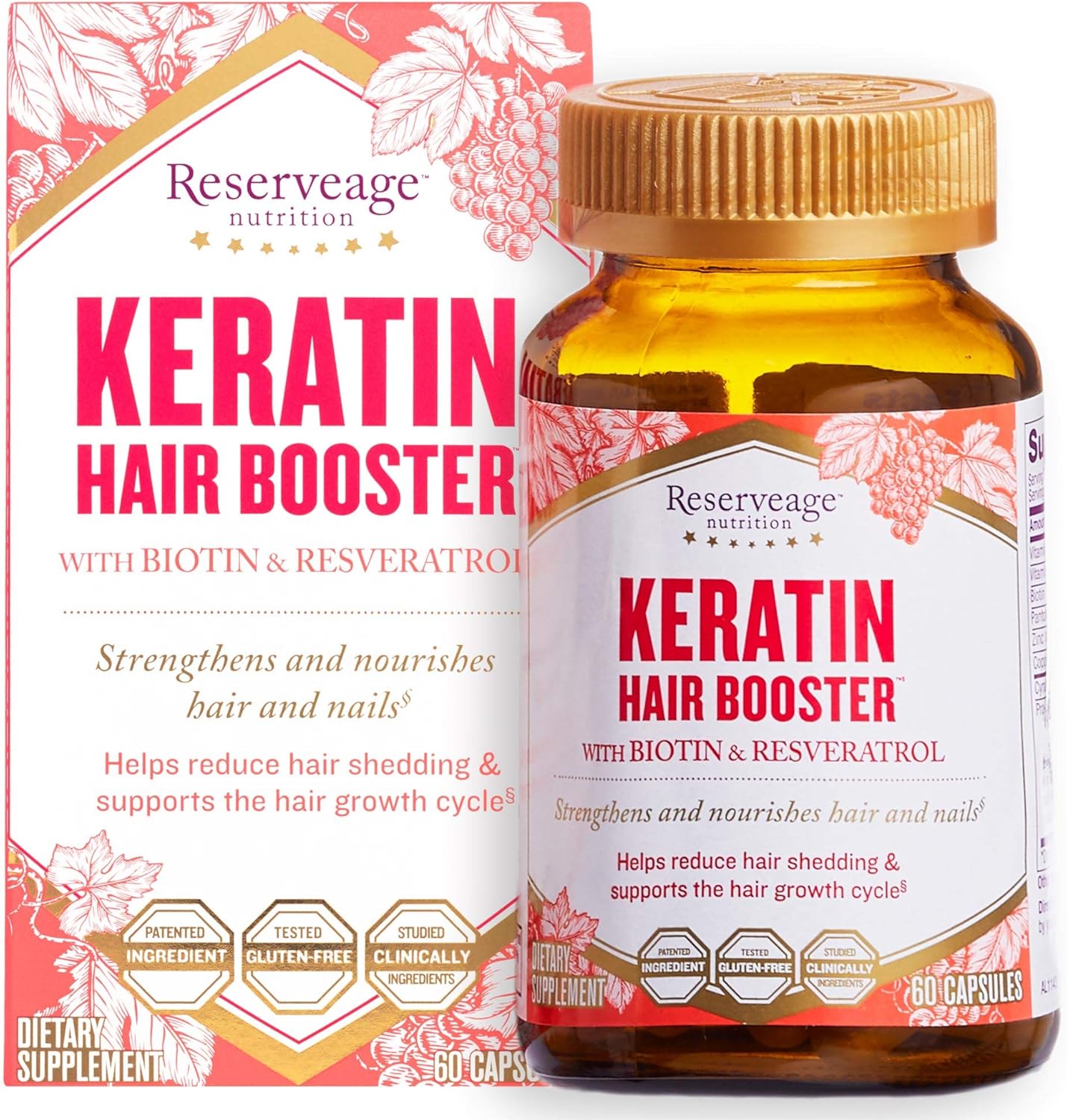 Reserveage Beauty Keratin Hair Booster with Biotin & Resveratrol - Hair Growth Supplement for Men and Women - Supports Healthy Thickness and Shine - 60 Capsules