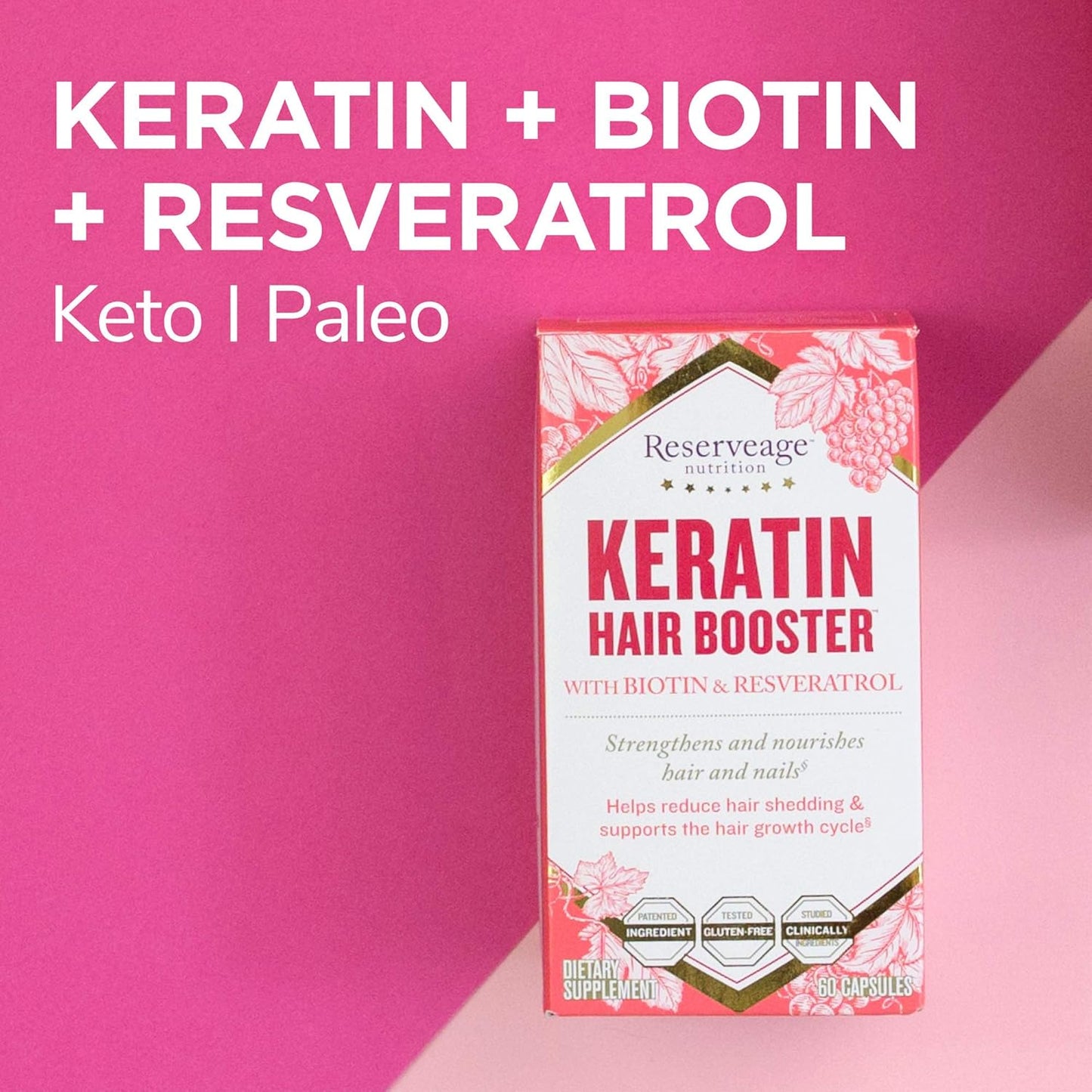Reserveage Beauty Keratin Hair Booster with Biotin & Resveratrol - Hair Growth Supplement for Men and Women - Supports Healthy Thickness and Shine - 60 Capsules