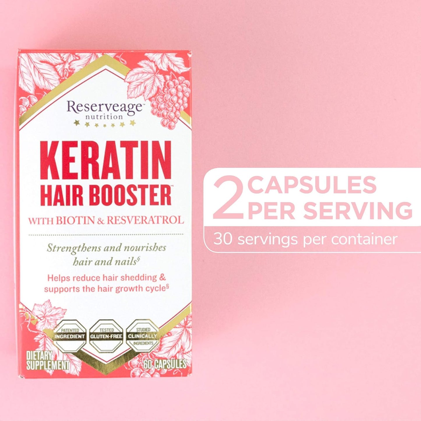 Reserveage Beauty Keratin Hair Booster with Biotin & Resveratrol - Hair Growth Supplement for Men and Women - Supports Healthy Thickness and Shine - 60 Capsules