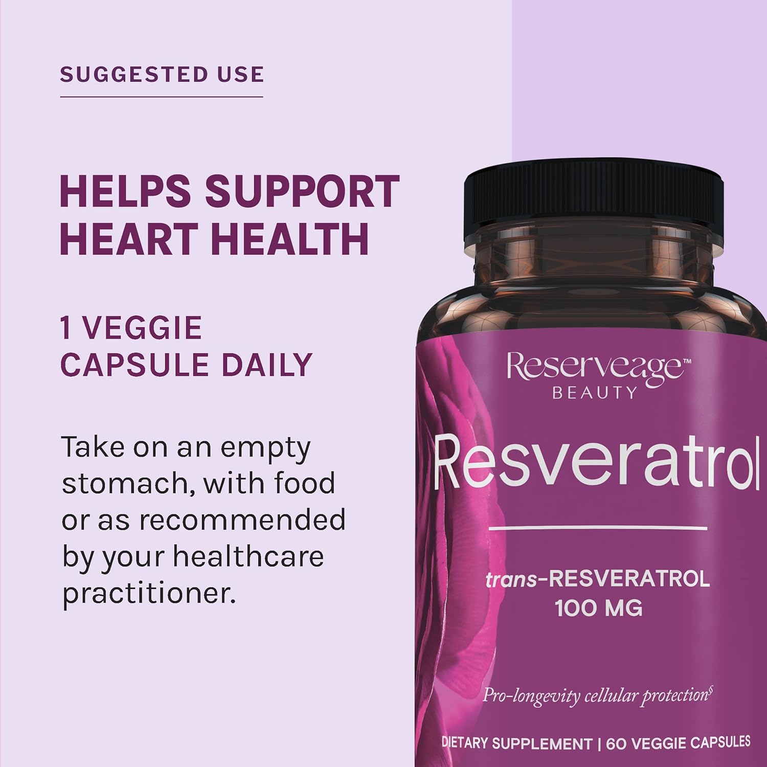 Reserveage Beauty Resveratrol 100mg Capsules - Antioxidant Supplement for Heart, Cellular Health, Supports Aging and Immune System - 60 Servings