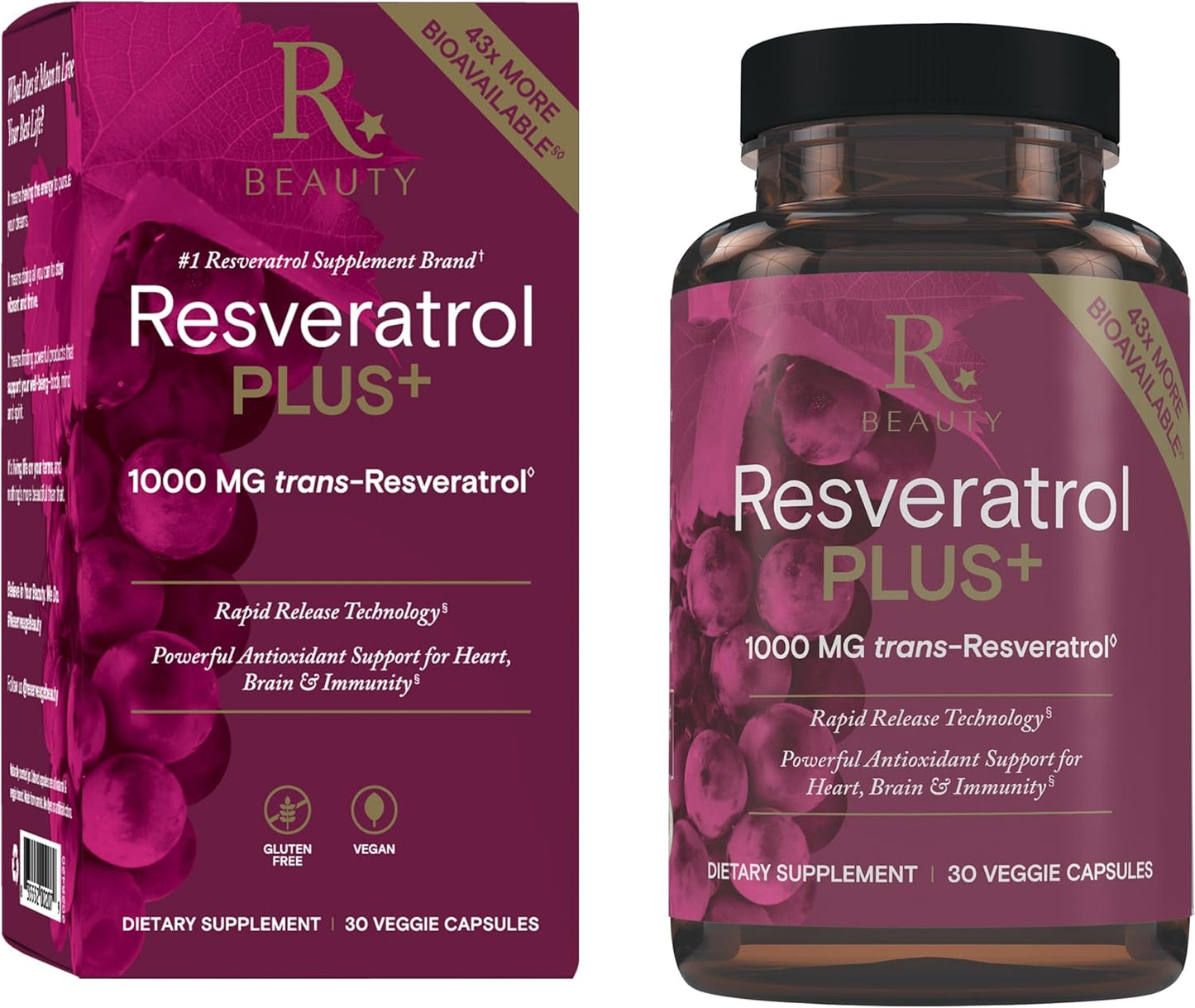 Reserveage Beauty Resveratrol Plus+ 1000 mg Capsules with Quercetin for Immune & Brain Health - Vegan & Gluten-Free (30 Count)