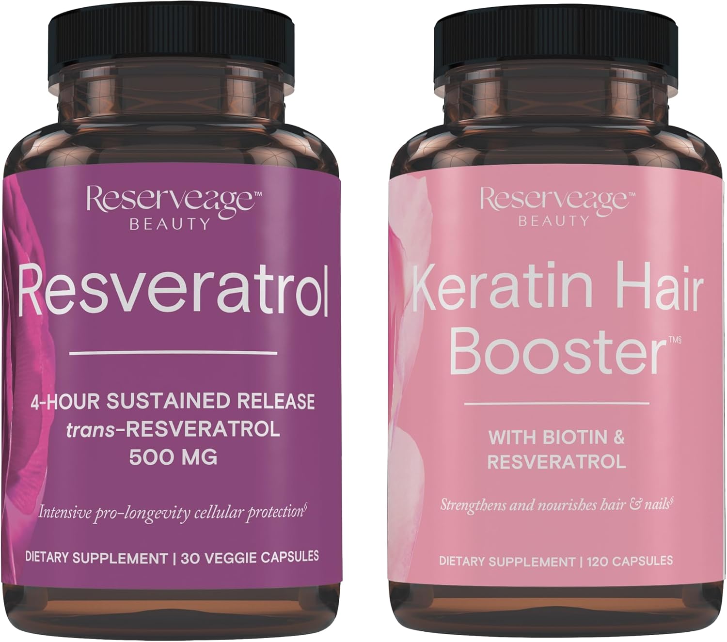 Reserveage Nutrition Beauty Bundle: Resveratrol Antioxidant & Keratin Hair Booster for Heart Health, Cellular Support, Hair Growth & Nail Strength - 30 + 120 Capsules