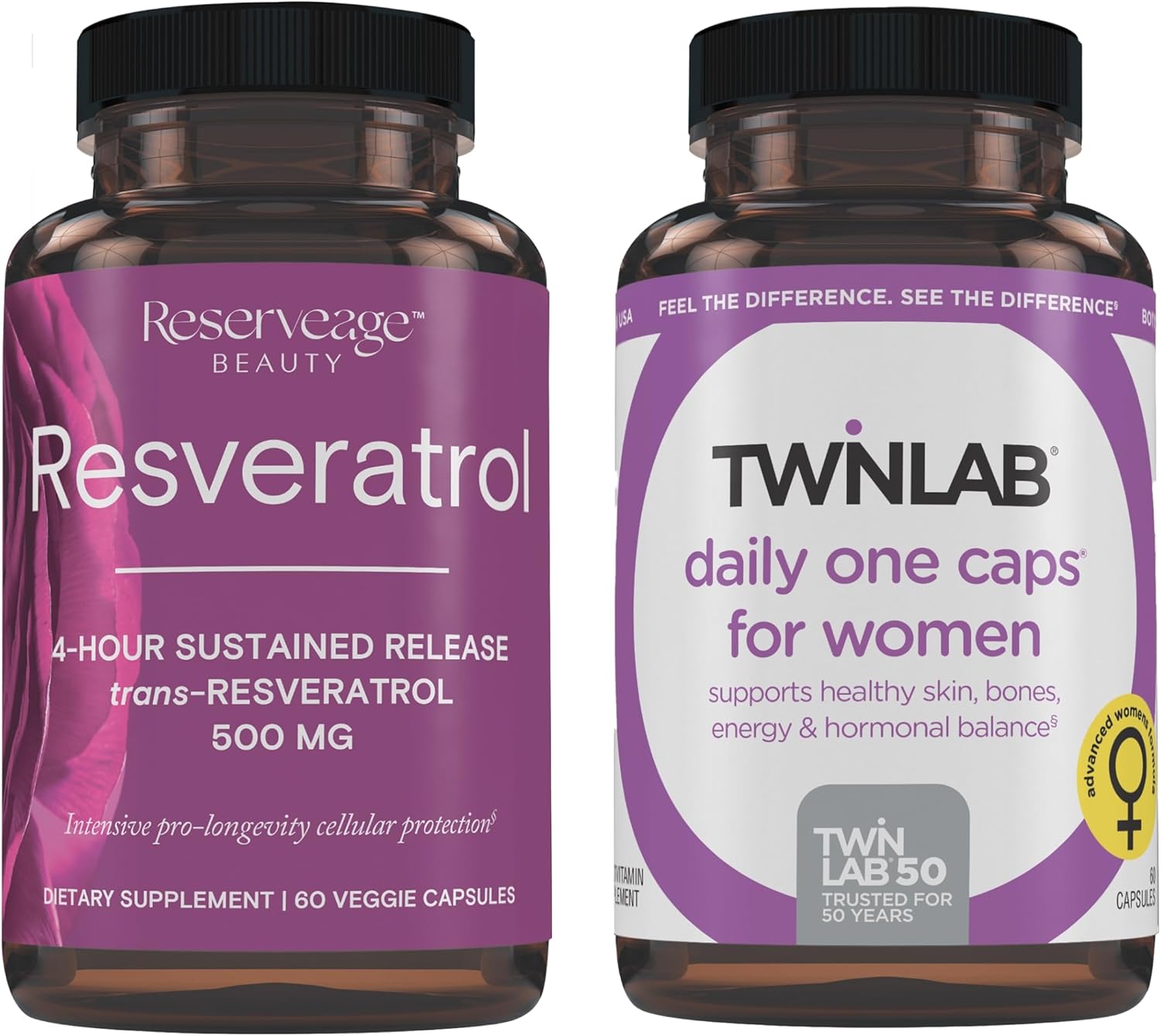 Reserveage Nutrition Reserveage Beauty Resveratrol 500 mg - Sustained-Release Trans-Resveratrol - Vegan Antioxidant Supplement for Brain & Heart Health 60 Capsules & Twinlab TWL Women's Daily One 60 ct