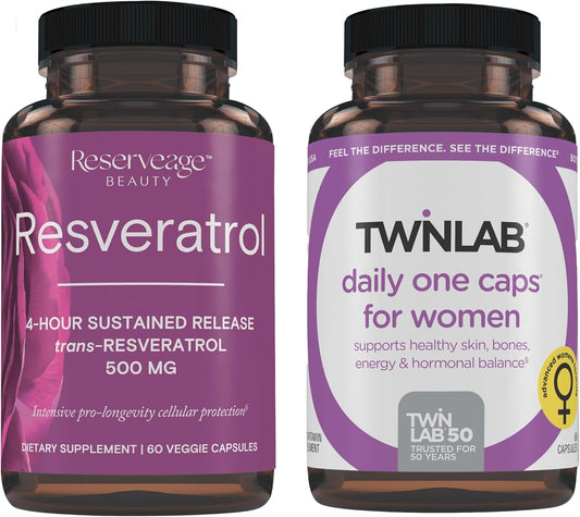 Reserveage Nutrition Reserveage Beauty Resveratrol 500 mg - Sustained-Release Trans-Resveratrol - Vegan Antioxidant Supplement for Brain & Heart Health 60 Capsules & Twinlab TWL Women's Daily One 60 ct