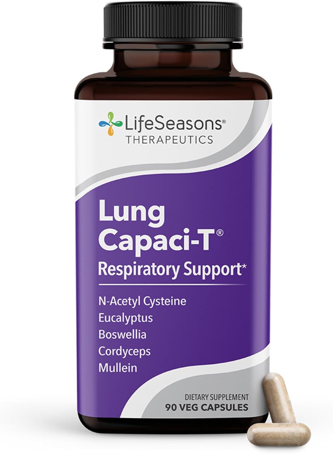 Respiratory Support Supplement - Boost Oxygen Capacity & Reduce Mucus - 90 Capsules - CoQ10, N-Acetyl Cysteine, Boswellia, Eucalyptus, Mullein, Green Tea, Nettle & Peppermint - LifeSeasons Lung Capaci-T