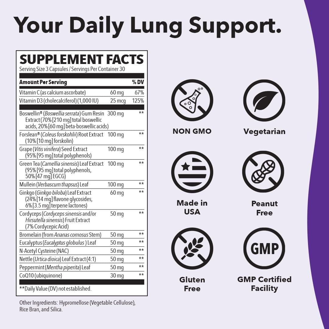 Respiratory Support Supplement - Boost Oxygen Capacity & Reduce Mucus - 90 Capsules - CoQ10, N-Acetyl Cysteine, Boswellia, Eucalyptus, Mullein, Green Tea, Nettle & Peppermint - LifeSeasons Lung Capaci-T
