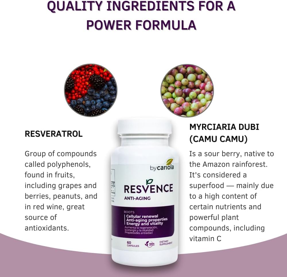 Resvence Resveratrol Capsules - Antioxidant Boost - Immune System Support - Energy & Vitality - Cellular Renewal - General Wellbeing - Camu Camu - 60 Capsules