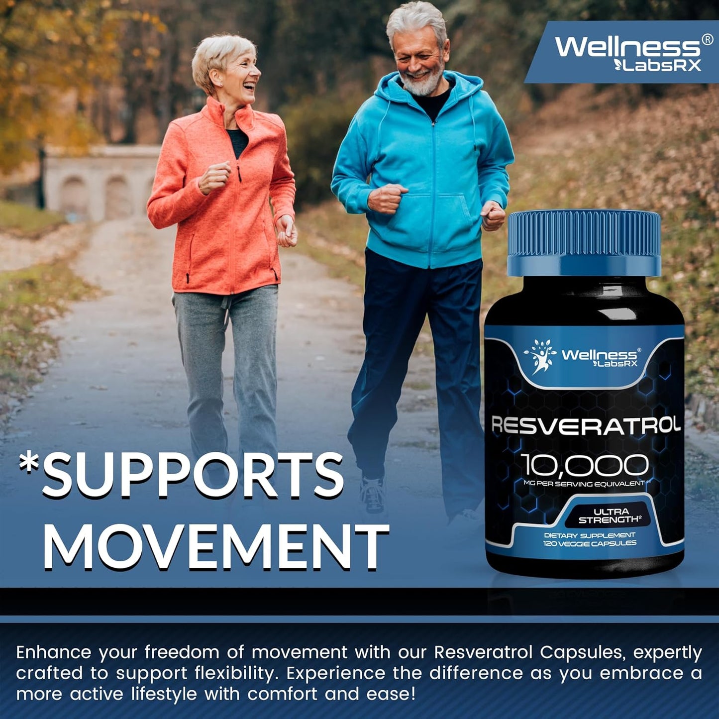 Resveratrol 1000mg Capsules for Healthy Aging, Heart & Brain Support - Vegan, Keto-Friendly Formula by WELLNESS LABSRX