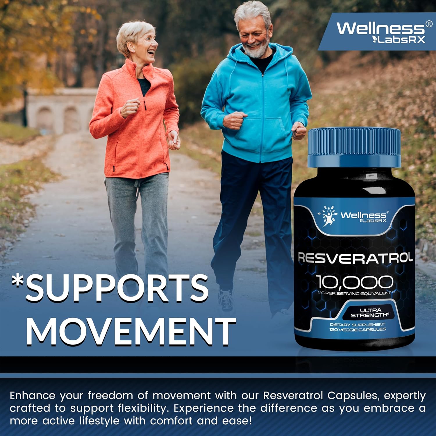 Resveratrol 1000mg Capsules for Healthy Aging, Heart & Brain Support - Vegan, Keto-Friendly Formula by WELLNESS LABSRX