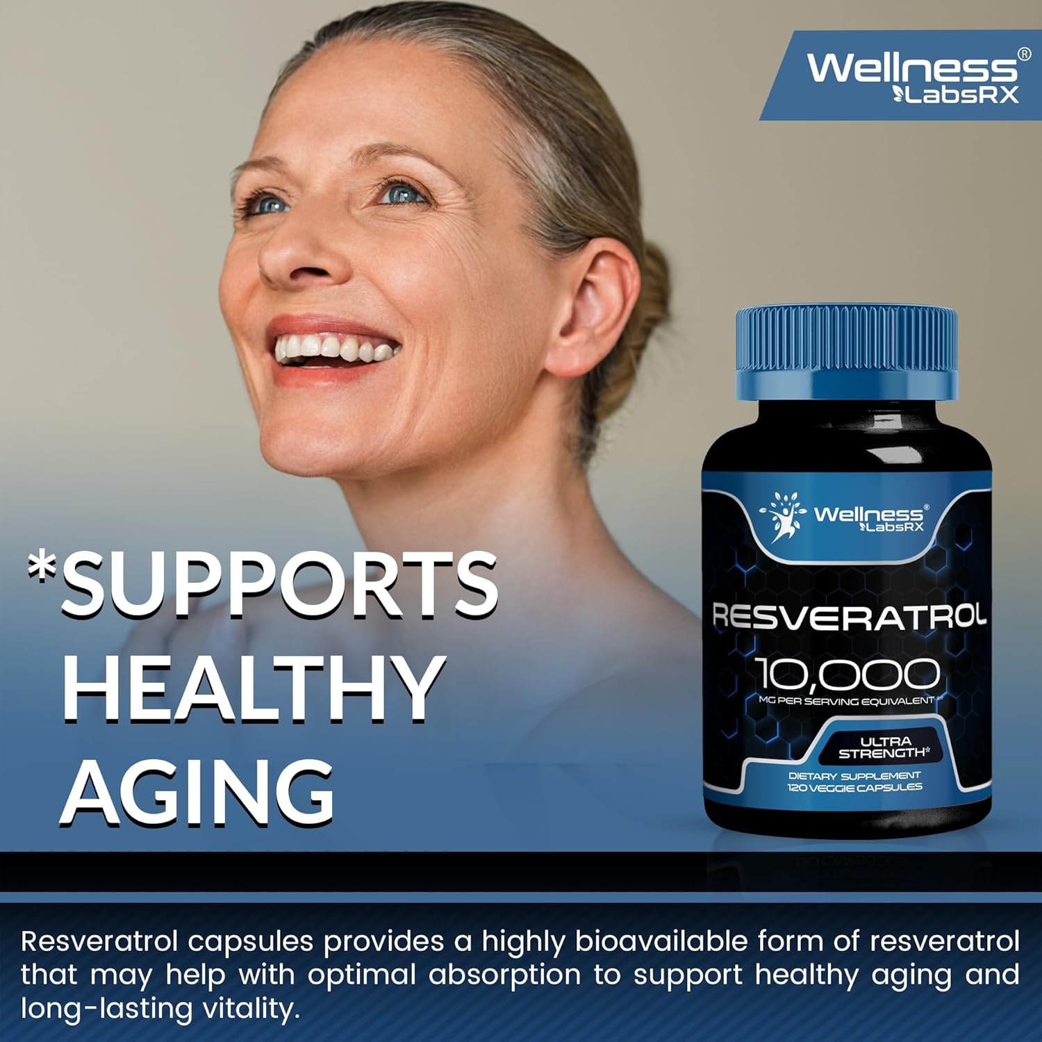 Resveratrol 1000mg Capsules for Healthy Aging, Heart & Brain Support - Vegan, Keto-Friendly Formula by WELLNESS LABSRX