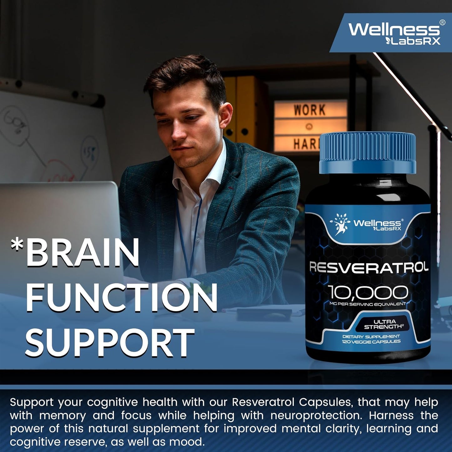 Resveratrol 1000mg Capsules for Healthy Aging, Heart & Brain Support - Vegan, Keto-Friendly Formula by WELLNESS LABSRX