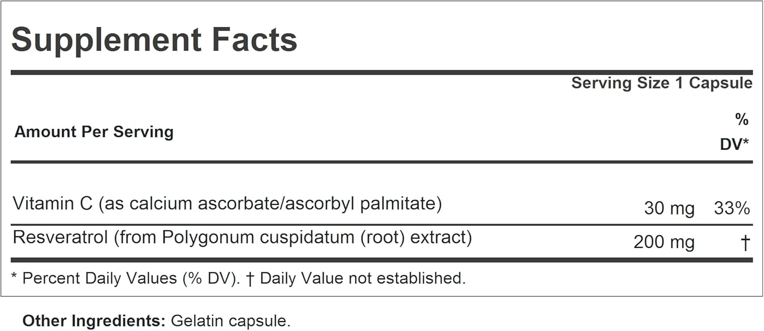 Resveratrol-200-180 Capsules - Natural Antioxidant from Red Wine, Alcohol-Free, Additives Free
