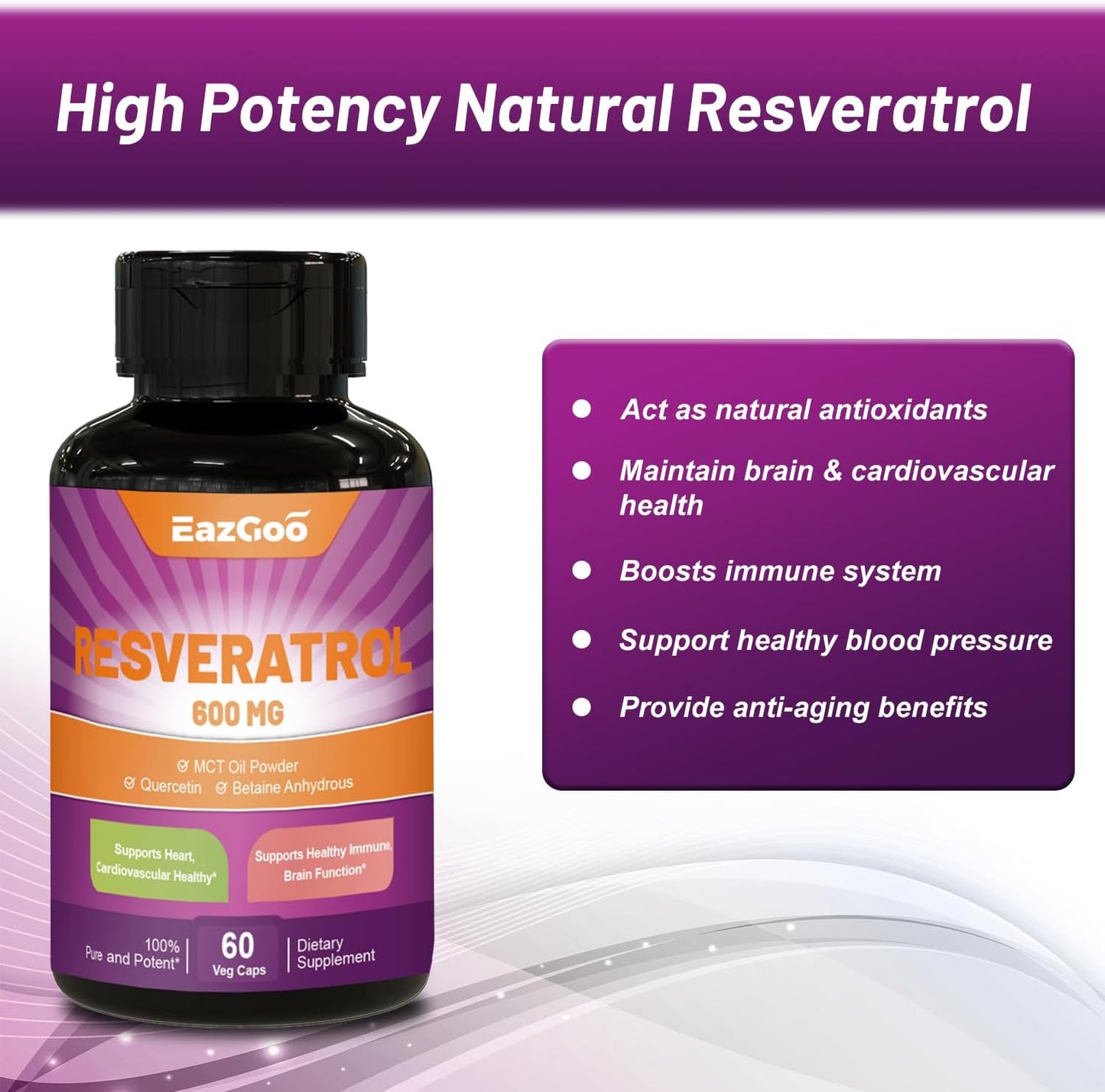 Resveratrol 600mg Capsules for Antioxidant Health Aging Support - 60 Count