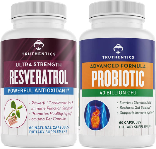 Resveratrol and Advanced Probiotic Bundle for Healthy Aging, Heart, Immune, and Digestive Support - Gluten Free, Non-GMO Capsules