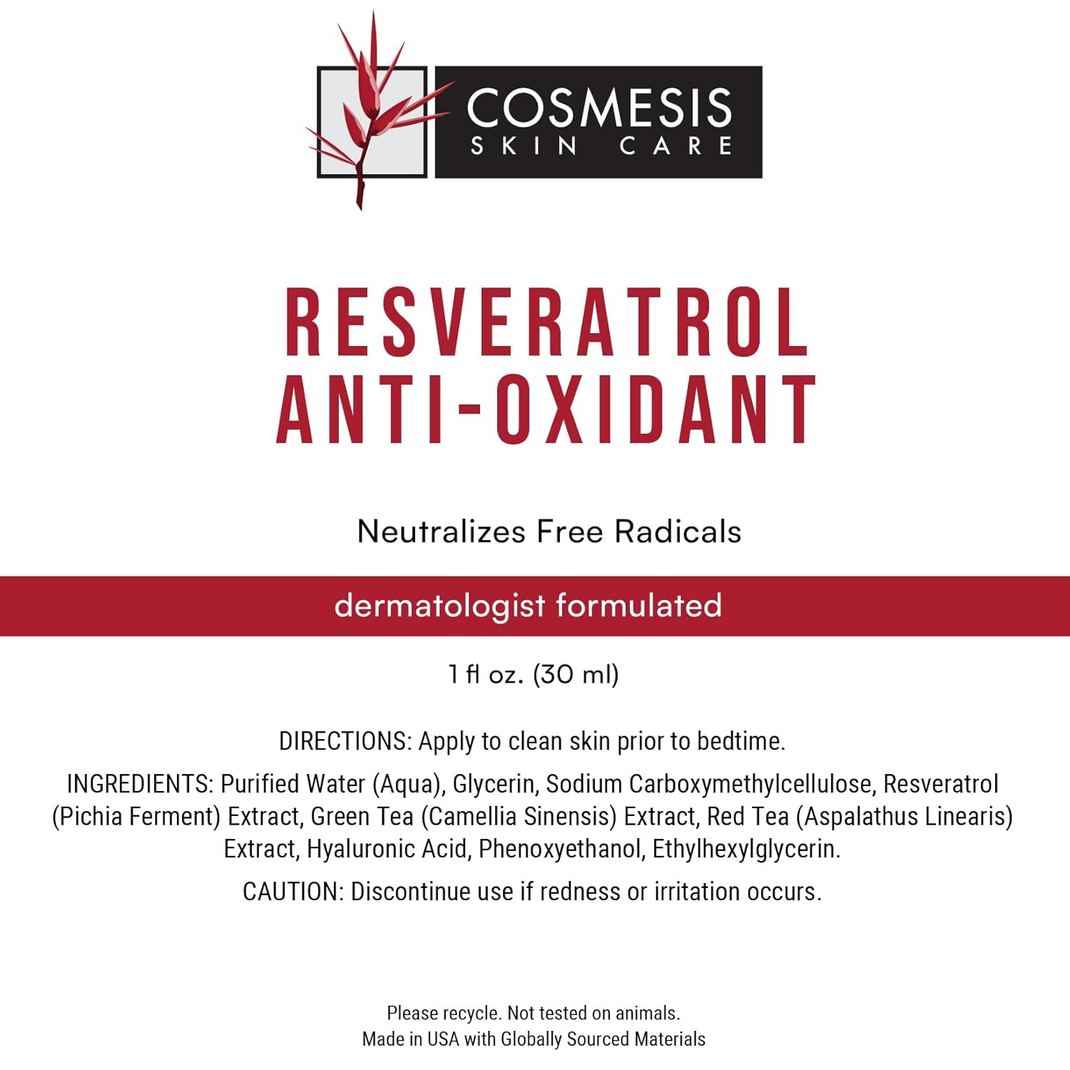 Resveratrol Anti-Oxidant Serum with Tea Polyphenols - Combat Aging and Boost Skin Health - 1 fl oz