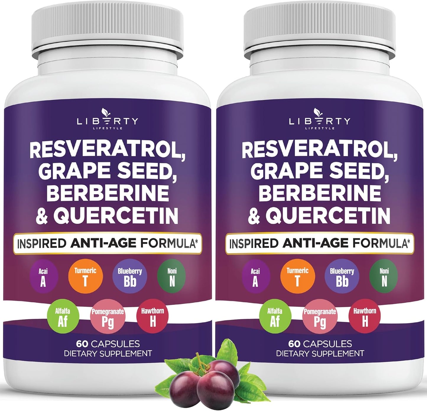 Resveratrol, Berberine, Grape Seed Extract, Quercetin Supplement with Noni Extract for Women and Men - 2-Pack