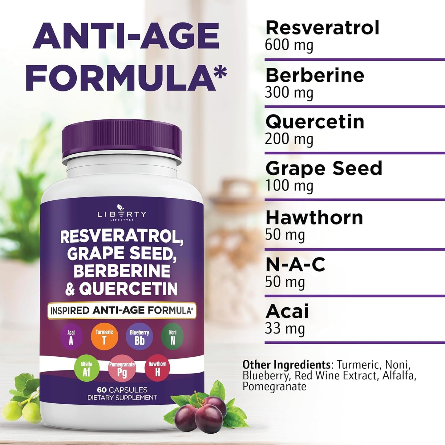 Resveratrol, Berberine, Grape Seed Extract, Quercetin Supplement with Noni Extract for Women and Men - 2-Pack