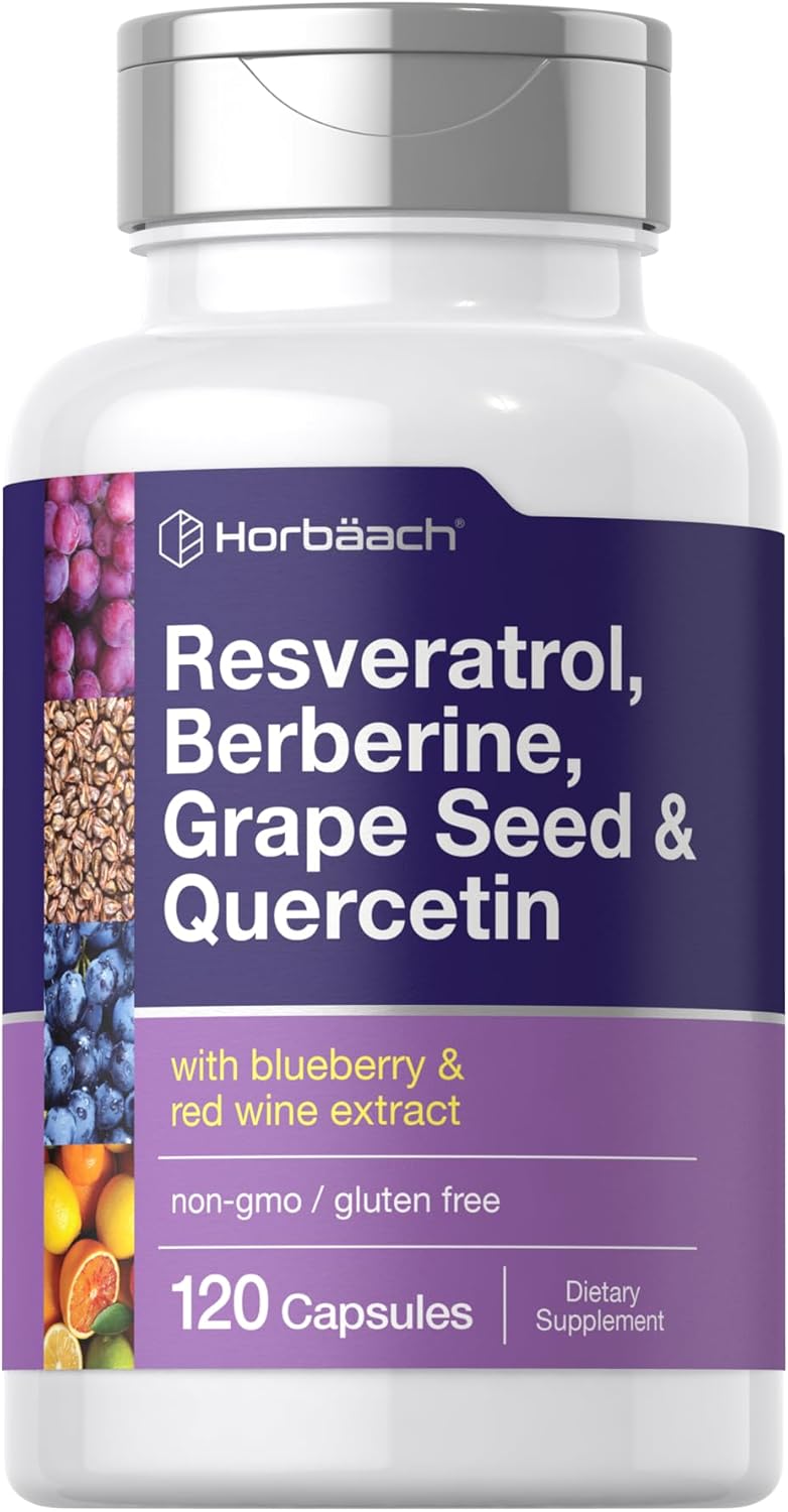 Resveratrol Berberine Grape Seed & Quercetin Capsules with Blueberry & Red Wine Extract - 120 Count, Non-GMO & Gluten Free