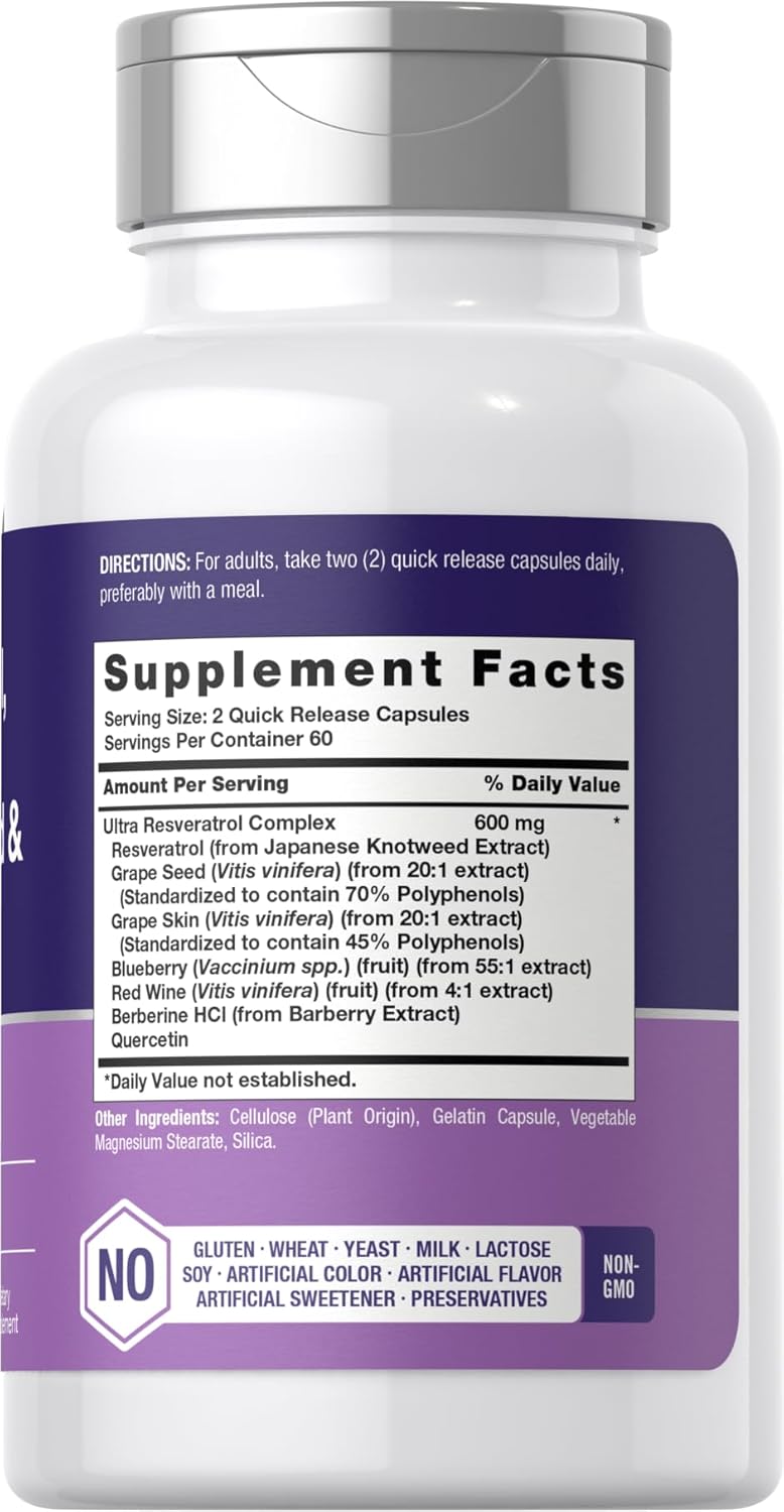Resveratrol Berberine Grape Seed & Quercetin Capsules with Blueberry & Red Wine Extract - 120 Count, Non-GMO & Gluten Free
