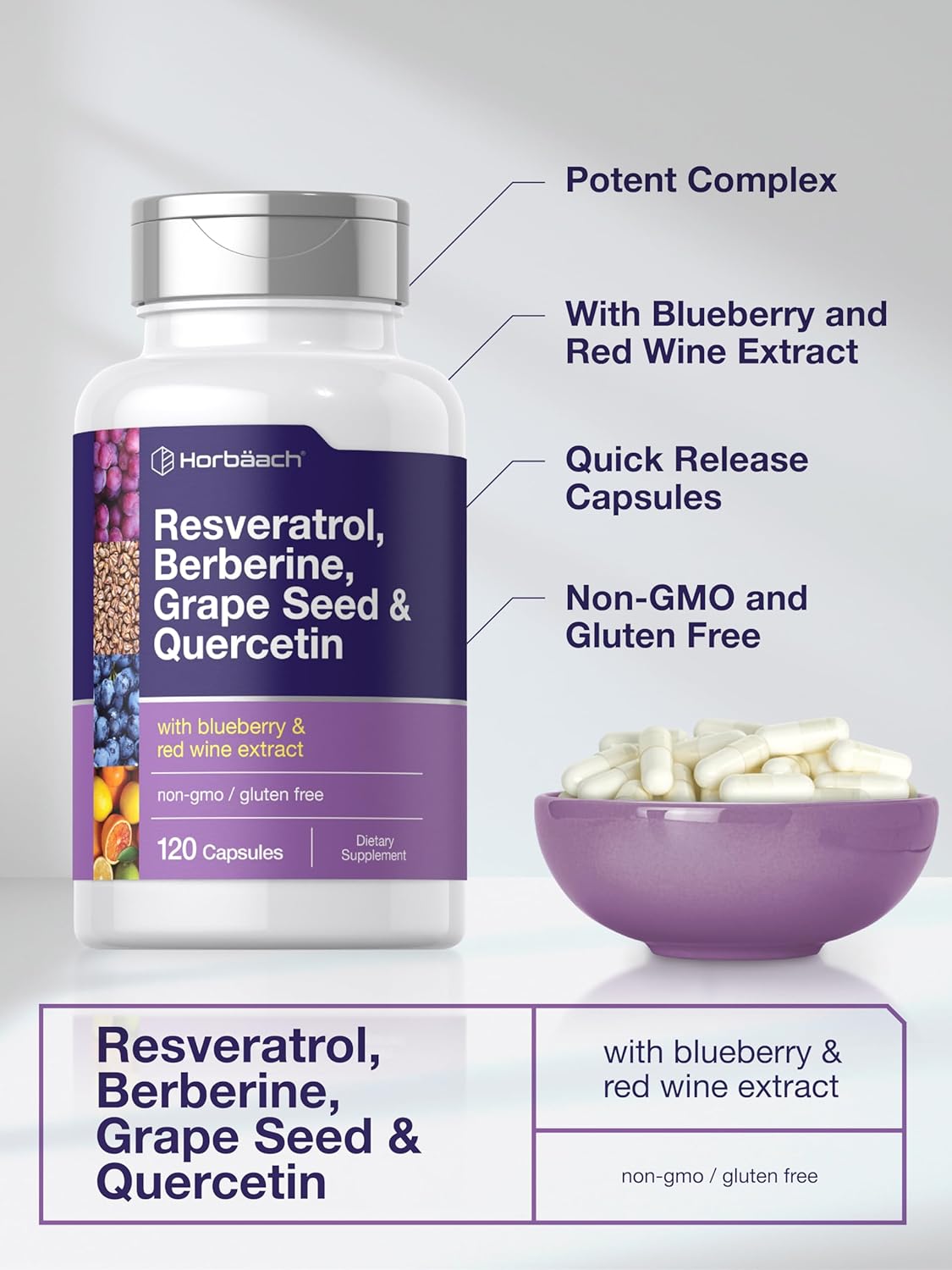 Resveratrol Berberine Grape Seed & Quercetin Capsules with Blueberry & Red Wine Extract - 120 Count, Non-GMO & Gluten Free