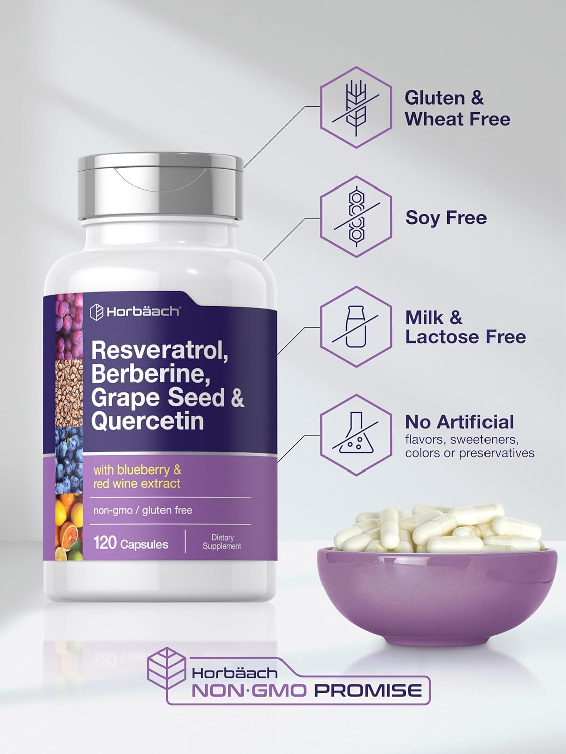 Resveratrol Berberine Grape Seed & Quercetin Capsules with Blueberry & Red Wine Extract - 120 Count, Non-GMO & Gluten Free