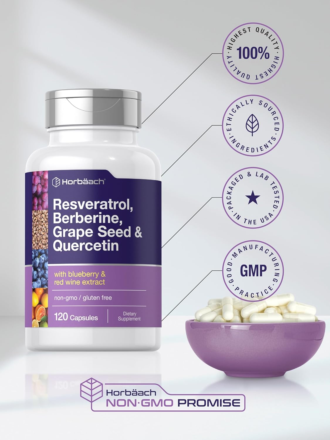 Resveratrol Berberine Grape Seed & Quercetin Capsules with Blueberry & Red Wine Extract - 120 Count, Non-GMO & Gluten Free