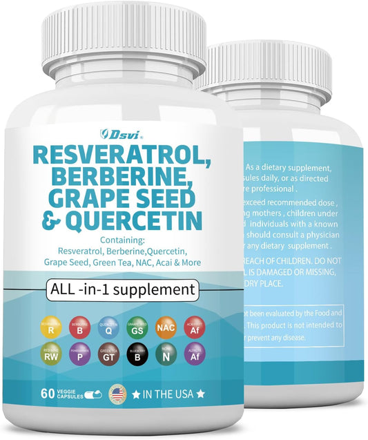 Resveratrol Berberine Grape Seed Quercetin Green Tea Supplement with N-Acetyl Cysteine & Acai Extract 60 Capsules